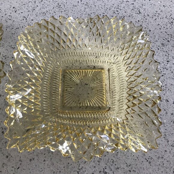 Indiana Glass Yellow Diamond Point Ruffled Square Dishes, 2 - Picture 3 of 5